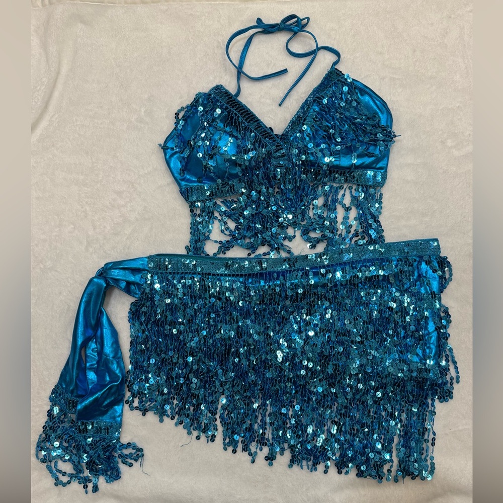 Teal Sequin Fringe 2pc Set M/L Belly Dance Burlesque Festival Costume